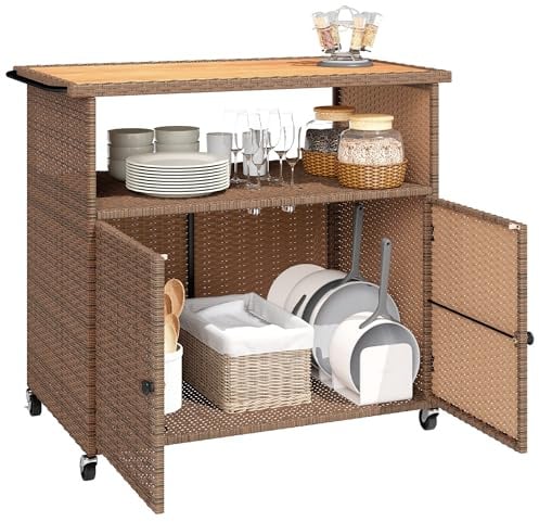 Outsunny Servierwagen Rattan Ablagefach Rollen Seitengriff 95 x 54 x 84 cm | Küchenwagen mit FSC Eukalyptusholz-Arbeitsplatte, Barwagen Grillwagen, Outdoor Beistellwagen, für Garten Pool Veranda