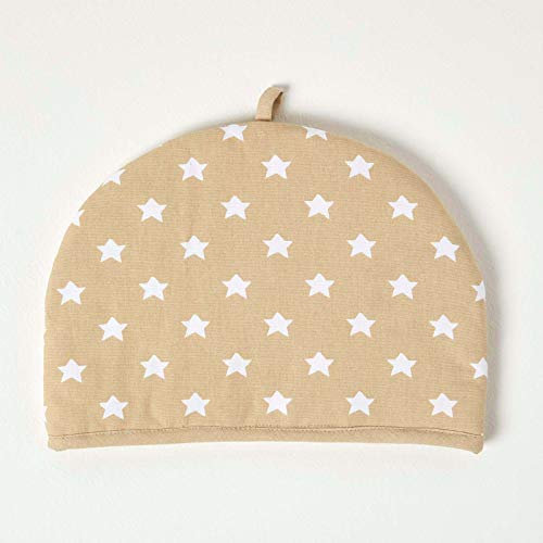 HOMESCAPES Tea Cosy, Kannenwärmer Design ‚Sterne‘ beige, Teewärmer aus Baumwolle, isolierende Haube für Teekanne, Abdeckung für Tee- und Kaffeekannen