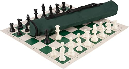 U.S. Chess Quiver Chess Set- Triple Weighted- Green- 21 x 6 Quiver Chess Bag, Regulation Vinyl Chess Board, Traditional Staunton Pattern, 3.75 King, Additional Queens, 2.25 Squares