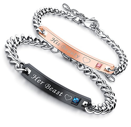 Flongo Partnerarmbänder BFF Ketten Freundschaftsarmbänder Pärchen Armband Armkette Rose Gold Schwarz Silber Zirkonia Panzerkette aus Edelstahl mit His Beauty & Her Beast Gravur Herren,Damen