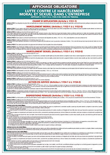 Panneau Affichage Obligatoire Harcèlement Moral et Sexuel - Protection Anti-UV - Dimensions 210x300 mm - Plastique Rigide PVC 1,5 mm