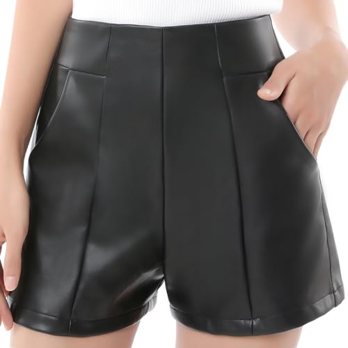Everbellus Mujeres Cintura Alta Leggins Cuero Pantalones Cortos con Bolsillos y Pernera Ancha
