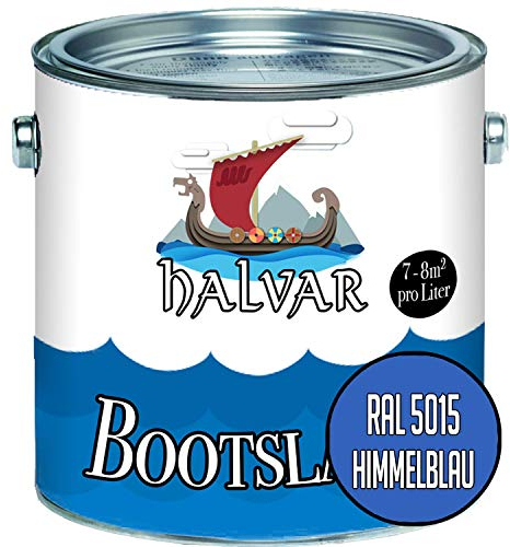 Halvar Bootslack Blau RAL 5000-5024 Yachtlack SEIDENMATT Bootsfarbe PU-verstärkt für Holz & Metall verstärkt extrem belastbar hochelastisch Schiffslackierung (2,5 L, RAL 5015 Himmelblau)