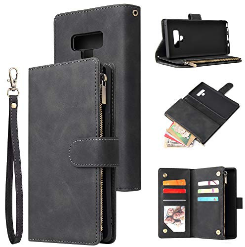 Fatcatparadise Coque pour Samsung Galaxy Note 9 [avec Verre Trempé], PU Cuir Flip Housse Magnétique Étui Cover Wallet Portefeuille Support avec Six Porte-Cartes Pochettes Case (Noir)