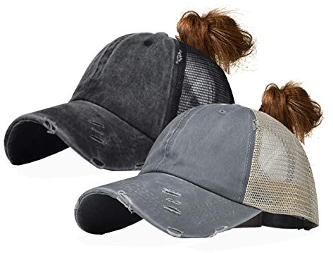 Eohak Distressed Pferdeschwanz-Hüte Baseball für Frauen Messy-Bun Pony-Kappen - - Medium