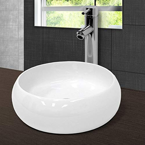 ECD Germany Waschbecken Waschtisch Ø 400 x 150 mm Rund, aus Keramik, Weiß,Aufsatzbecken Aufsatzwaschbecken Handwaschbecken Aufsatzwaschtisch Spülbecken Becken Wasserfall Waschschale Waschschüssel