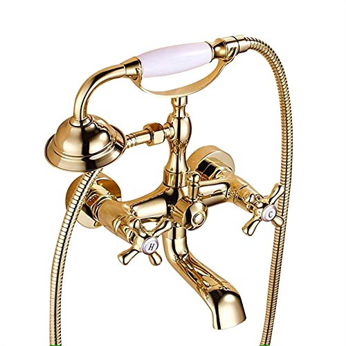 Gx Rubinetto Vasca Bagno con Doccetta, Oro Due Maniglie Rubinetto Miscelatore Vasca A Parete con Supporto E Tubo da 150Cm, Ottone, Anticato
