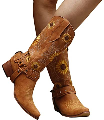 Onsoyours Bottes Rétro Femme Bottes de Motard Classique Bottines Broderie Fleurs Chaussure Boots Cowboy Western B Jaune 41 EU