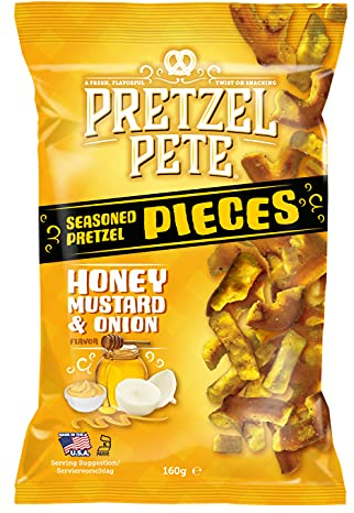 Pretzel Pete Pretzel Pieces - Honey Mustard und Onion, Leckeres Bretzelgebäck – Salziger Knabberspaß - (8x160g)