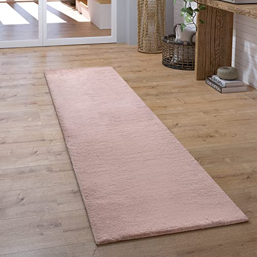 Paco Home Teppich Läufer Hochflor Wohnzimmer Flur Flauschig Schlafzimmer Fell Kunstfell Modern Fellimitat Einfarbig, Grösse:80x300 cm, Farbe:Pink