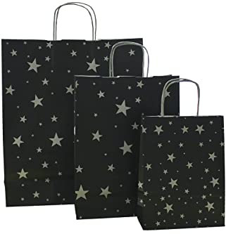 Papiertragetaschen Weihnachten mit Kordel schwarz Sterne silber (36 + 12 x 41 cm, 10 Stück)