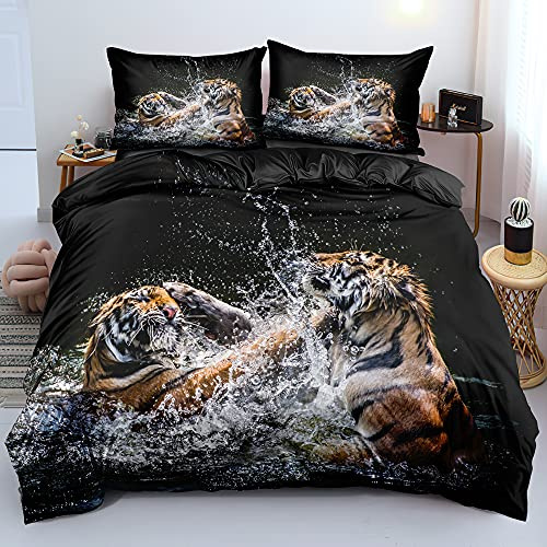DXHOME Bettwäsche 155x220 Tiermotiv Tiger 3D Effekt Bettzeug Weich Hochwertig Schwarz Gelb Mikrofaser Bettwäsche 3 teilig für Jugendliche Jungen Kinder mit Reißverschluss und 2 Kissenbezüge 80x80 cm