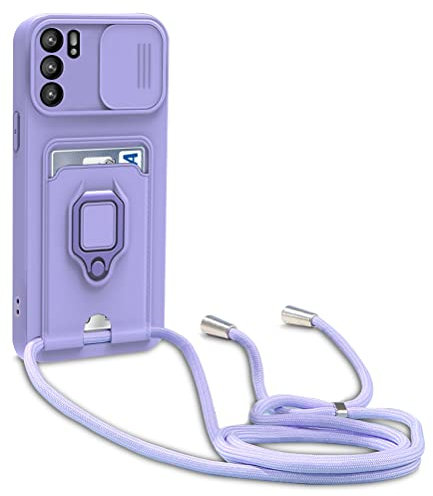 yanasuo Cover con Collana Compatibile con Oppo Reno 6 5G, Cover con Pratico Cordino, Slidable Protezione Fotocamera Slot Carte 360° Anello Supporto, Porpora