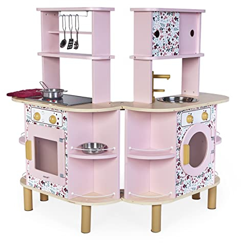 Janod Twist Kitchen J06616 Ensemble de jeu de cuisine extensible double face en bois avec 8 accessoires – 86,4 cm de haut – Ensemble de jeu de simulation – Âge 3–6 ans