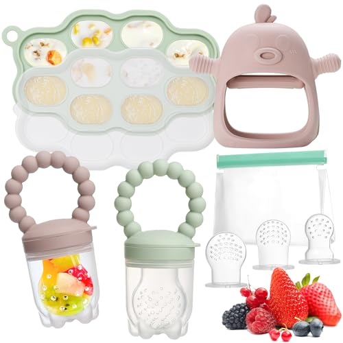 WEST STORY Chupete Fruta Bebe, Malla Fruta Bebe de Silicona, Incluir Recipiente para comida de bebé, 2 Mordedor Fruta Bebe 3 Tetinas para bebés 3~24 meses, Mordedor para Bebés, Sin BPA (Verde & Rosa)