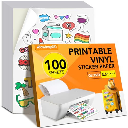 100 piezas de papel adhesivo de vinilo imprimible blanco brillante, papel adhesivo para impresora de inyección de tinta e impresora láser, hojas autoadhesivas impermeables, 8.5 x 11 pulgadas