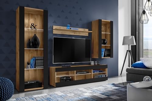 Komodee Wohnwand Wohnzimmerset Tivoli Medio, Schwarz/Wotan, Breite 245cm x Höhe 159cm x Tiefe 35cm, ohne LED, für Wohnzimmer, Schlafzimmer