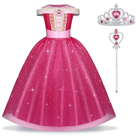 URAQT Costumi Principessa Aurora, 3 Pcs Vestito Aurora Bambina Bella Addormentata Costume con Accessori, Ragazza Abiti Principessa Aurora Abito Principessa Rosa da Carnevale Halloween(110cm)