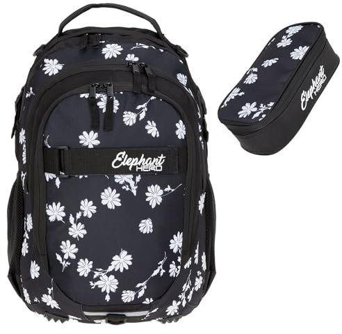 Elephant 2 Teile Set Rucksack Signature Hero Schulrucksack 12723 + Mäppchen Box (Black Flower 12842)