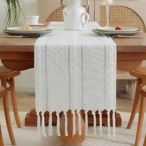 meioro Rustikaler Tischläufer mit Quasten, 33x183cm Landhausstil Boho Table Runner Geflochten Gestreift, Leinen Polyester Tisch Dekoration für Essen Party Urlaub und Hochzeit (Weiß)