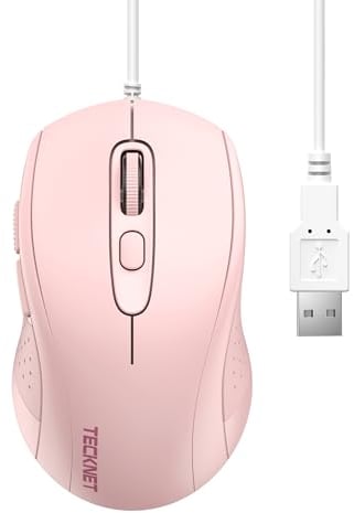 TECKNET Ratón con Cable, 6400 dpi Ajustable y 6 Botones, Silenciosos Ratón con Cable USB de 1,5 m, Ratón Ergonómico para Ordenador Computadora Portátil - Rosado