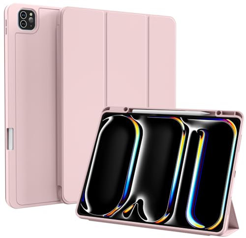 BQDIYOO für iPad Pro 13 Zoll Hülle (M4) 2024 mit Stifthalter, Hülle Kompatibel mit 13 Zoll iPad Pro 2024, Dreifach Faltbare Ständer, Auto Schlaf/Aufwach, Unterstützt Pencil Pro/(USB‑C), Rosa
