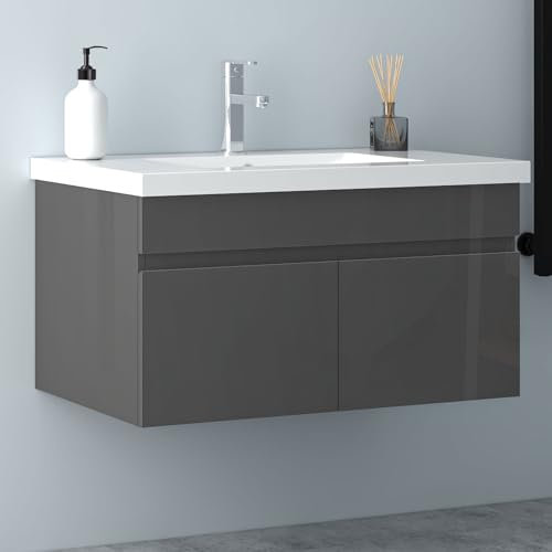 Biubiubath Badezimmer Badmöbel 80cm Mineralguss Waschtisch mit Unterschrank Hängeschrank Hochglanz Dunkelgrau Badezimmerschränke Badschrank mit 2 Soft-Close Türen