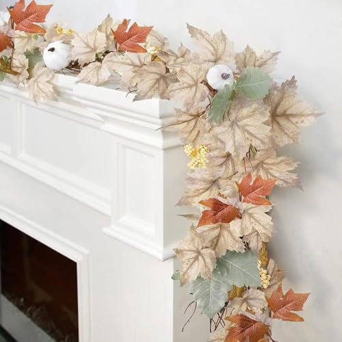 6 Ft Halloween Artificial Fall Maple Leaves Pumpkin Berries Garland Autumn Hanging Vine Artificial Flower for Home Outdoor Wedding Party Porch Decor (Maple Leaf Pumpkin 02)