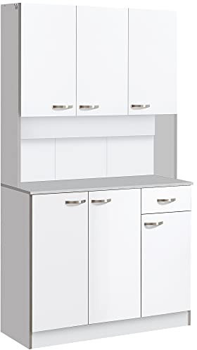 HOMCOM Buffet de Cuisine Armoire de Cuisine contemporaine Multi-rangements 6 Portes 1 tiroir + Grand Plateau dim. 101L x 39l x 180H cm en Bois Blanc Gris