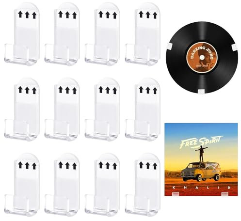 HayLniXy 12 PCS Acrylic Record Wall Mount Clear Album Storage Hanger Self-Adhesive Display with Tape No Drill Vinyl Shelf for Collection Magazine Home Office Decoration