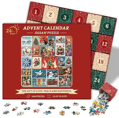Adventskalender 2024, Weihnachtspuzzle – Weihnachts-Countdown-Kalender, Weihnachtsstempel-Puzzle, 24-Tage-Adventskalender, Vintage-Ferienpuzzle, Countdown-Kalender