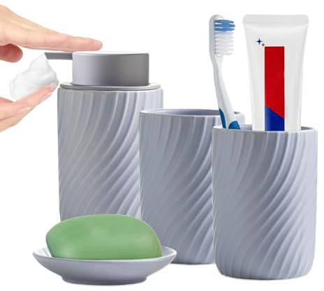 XUDREZ Ceramic Bathroom Accessory Set, 4-Piece Soap Dispenser Set, Bathroom Set Including Soap Dispenser and Soap Dish, Toothbrush Tumbler for Home and Bathroom (Lilac, 4-Piece Set)
