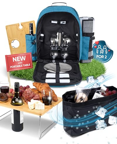PL Harmony Picknickrucksack mit tragbarem Weintisch, Decke, isoliertem auslaufsicherem Kühlfach, Weinhalter und Besteckset (Blau)