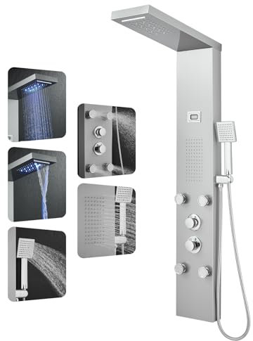 OUGOO LED Duschpaneel mit Armatur, Regen- & Wasserfall-Funktion Duschpaneele Komplett mit 2-Typ-Massagedüsen, Temperaturdisplay und Handbrause, Edelstahl Gebürstet