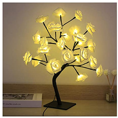 Glomora LED-Tisch-Bonsai-Baum-Lampe, USB-Baumlampe, Weihnachts-Schlafzimmer-Dekoration, Tisch-Nachtlicht (White 24 Lights Rose)