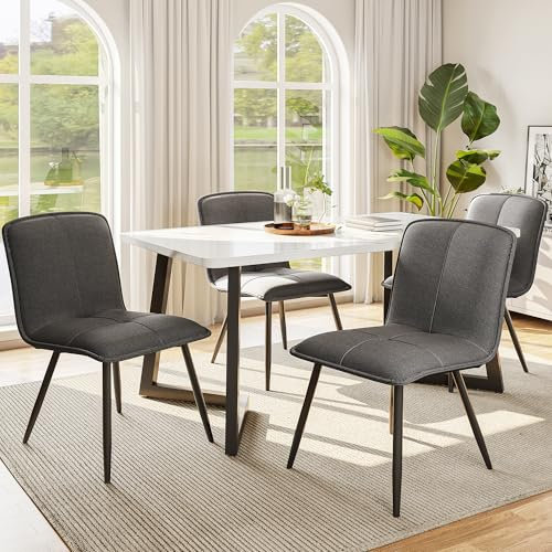 Essgruppe 5-teilig, 117x68 cm Esstisch mit 4 grauen Leinen-Stühlen, Schwarze Metallbeine, Moderner Küchentisch für Esszimmer, Wohnzimmer, Robuste Bauweise, Elegantes Design