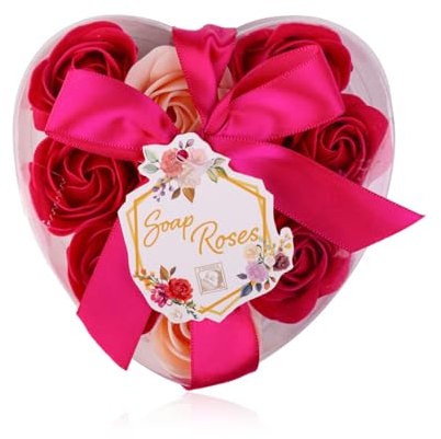 Baderosen » Herzbox mit Seifenrosen » Badekonfetti » 9 Stück im Set je 3 g (vegan) (Rot-Apricot)