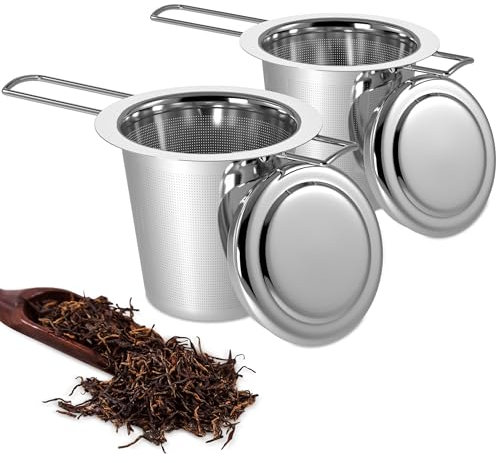 Yoassi Tea Infuser, 304 Stainless Steel Tea Filter Strainer with Foldable Handle and Lid, Perfect for Hanging on Teapots, Mugs, Cups to steep Loose Leaf Tea and Coffee, 2 Pack