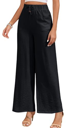 ALSOGO Damen Weite Hose Elegant Breite Hosen High Waist Taille Drawstring Lounge Lang Palazzo Hose mit Taschen Schwarz S