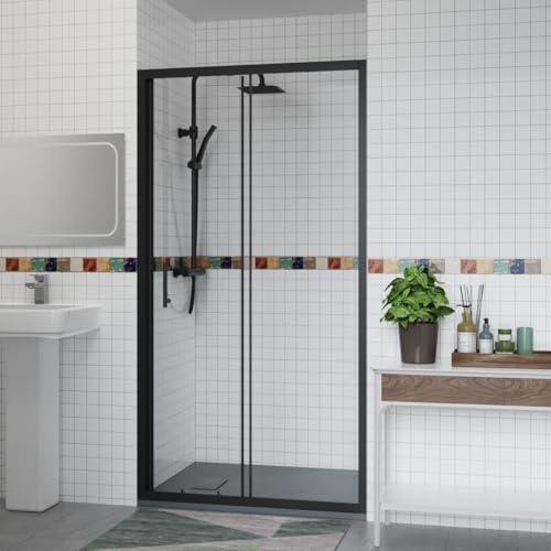 Aquariss 1100x700mm Sliding Shower Enclosure Black with Shower Tray | Aluminum Profile, Tempered Easy Clean Glass, Wall Adjustable, Reversible, 1100mm Shower Screen, Anthracite Shower Tray Waste