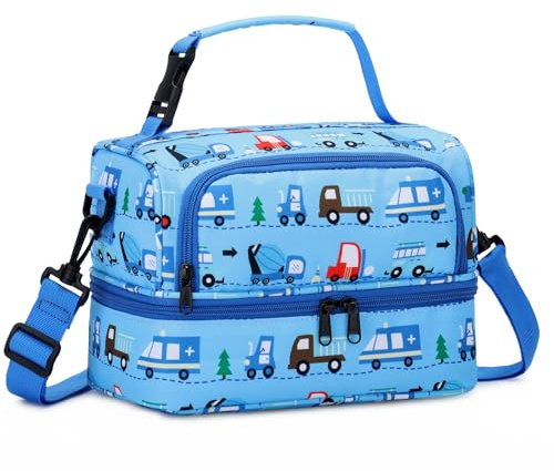 Chase Chic Bolsa Termica Infantil, Grande Bolsa Termica Porta Alimentos Niño Niña Doble Bolsa Merienda Infantil con Correa de Hombro Desmontable para Picnic Colegio Viaje 3-12 Años, Coche Azul