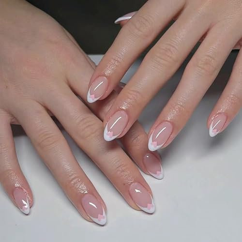 Press On Nails 30PCS – White French Tips with Pink Heart, Medium/Long Almond & Stiletto – Reusable Full-Cover Acrylic False Nails, Natural Fit, All-Season Chic Nail Kit for Wome