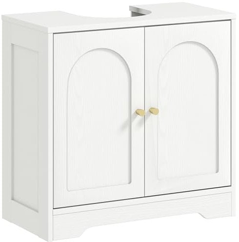 HOMCOM Mueble bajo Lavabo Mueble de Baño con 2 Puertas con Diseño de Arco Estante Ajustable Tiradores Dorados para Lavabo con o sin Pedestal 60x30x65 cm Blanco