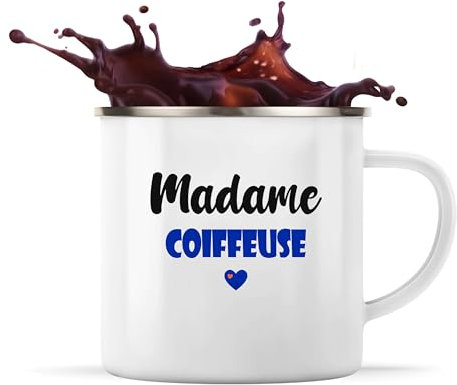 Tasse Métal Madame Coiffeuse | Mug | Idée Tasse Personnalisable en Métal Cadeau Anniversaire Camping Fête Original Famille Travail Départ Collègue Retraite Noël. (Bleu)