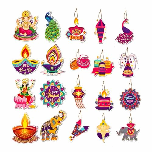 20 Pcs Diwali Decorations for House,Diwali Rangoli Hanging Decoration,Indian Home Pendant Ornaments Gifts,Diyas Lantern Candles Patterns Festival Hangings Sign for Wall Door Office Pooja Decor Items