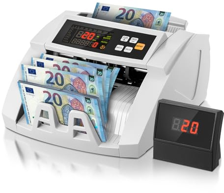 Contador de Billetes FOHERE, Maquina contar Billetes Profesional con Detección de Falsificación UV/MG/IR/DD, 1100 Billetes/Minuto, Pantalla LCD, Modos Valor y Lote para Tiendas, Bancos y Restaurantes