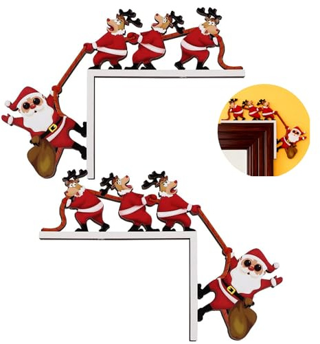 Werownsgso 2 Stück Türrahmen Weihnachtsdeko mit Rundaufkleber Creative Weihnachten Elch Weihnachtsmann Weihnachtsdeko Holz Weihnachtsecktürrahmen zum Deko Befüllen und Aufhängen für Tür Fenster Kamin