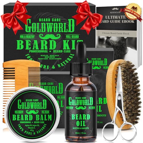 Beard Grooming Kit for Men Care w/Beard Growth Oil,Beard Balm,Wooden Comb,Brush & Scissor - Gift Ideas for Men Dad Boyfriend Birthday Christmas Wax