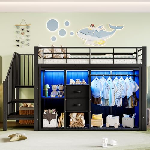 TIZZ Hochbett 90 * 200 cm, 2 Schubladen, offener Kleiderschrank, mehrfarbige LED-Beleuchtung, mehrere Staufächer, ohne Matratze, schwarz