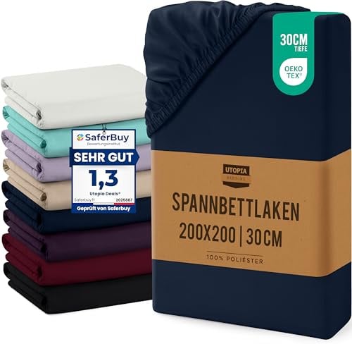 Utopia Bedding - Spannbettlaken 200x200cm Bis 30 cm - Marineblau | 100% Polyester Mikrofaser Spannbetttuch - Oeko-Tex Zertifiziertes - Spannbettlaken für Babybett